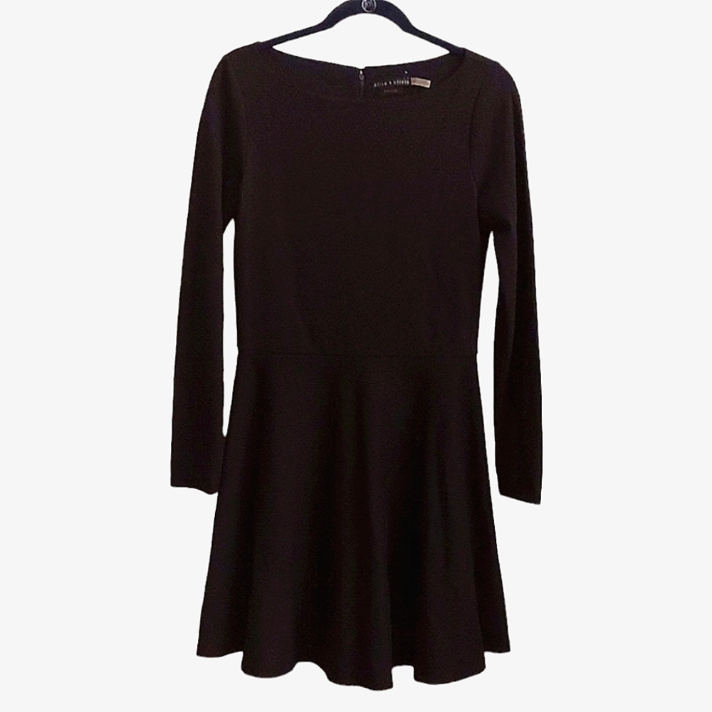 ALICE + OLIVIA Employed Black Fit and Flare Long Sleeve Bateau Neckline Dress …